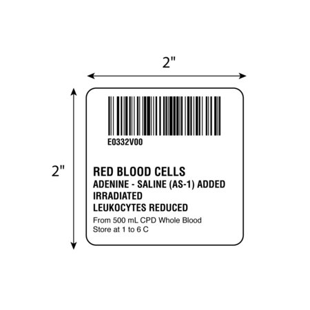NEVS ISBT 128 Red Blood Cells Adenine-Saline (AS-1) A 2" x 2" BBC-0332-2